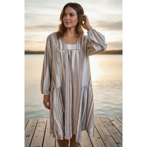 Knox Rose XL Vertical Stripe Cottagecore Smock Dress Earth Tones Midi Coastal